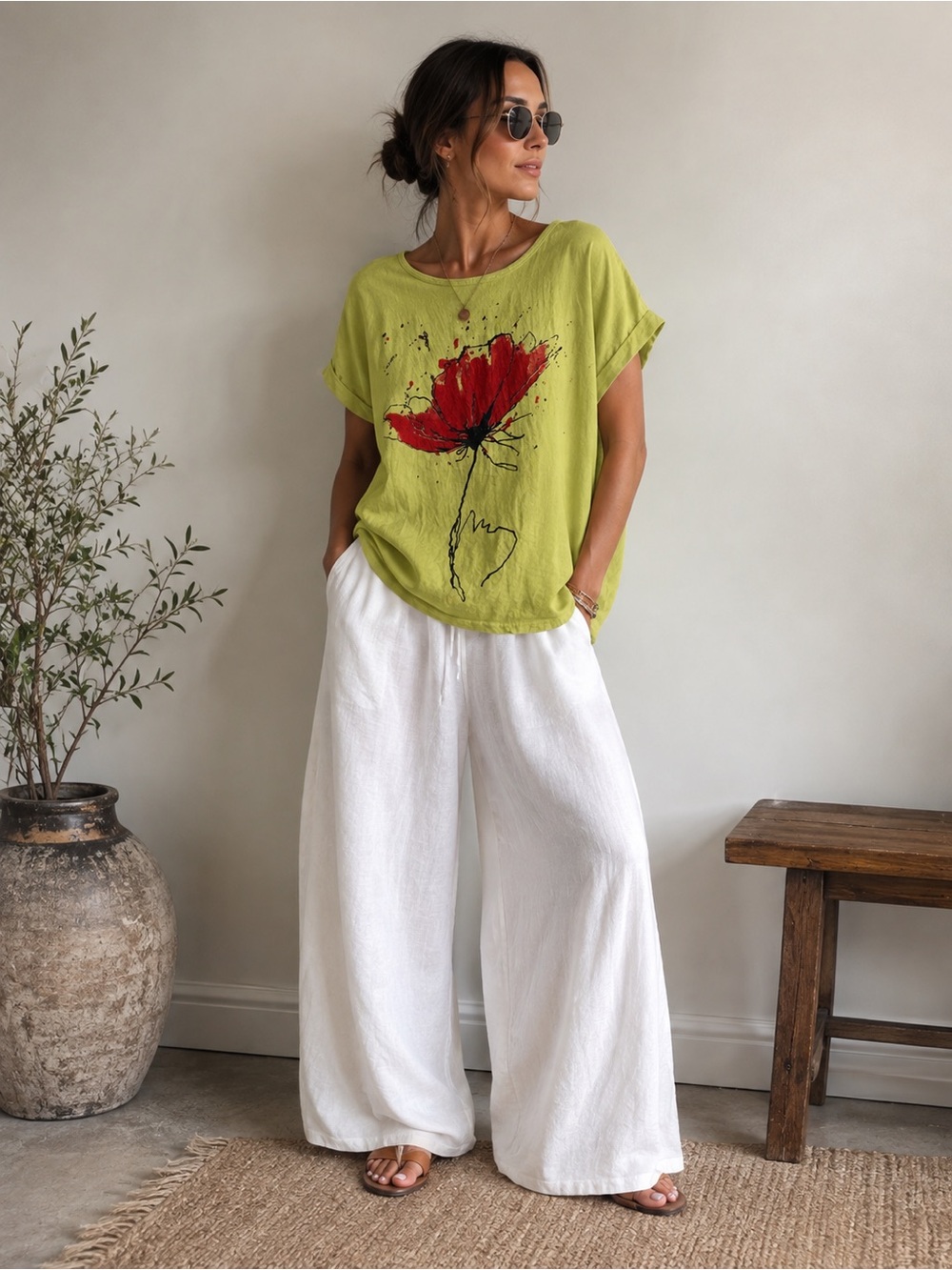 Made in Italy Linen Cotton Floral Top Green Approx L XL Boho Artsy